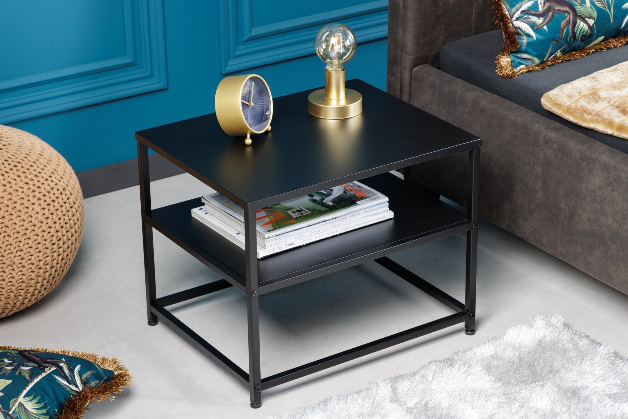 DURA STEEL Mesa auxiliar moderna de metal negro de 50 cm con compartimento de almacenaje