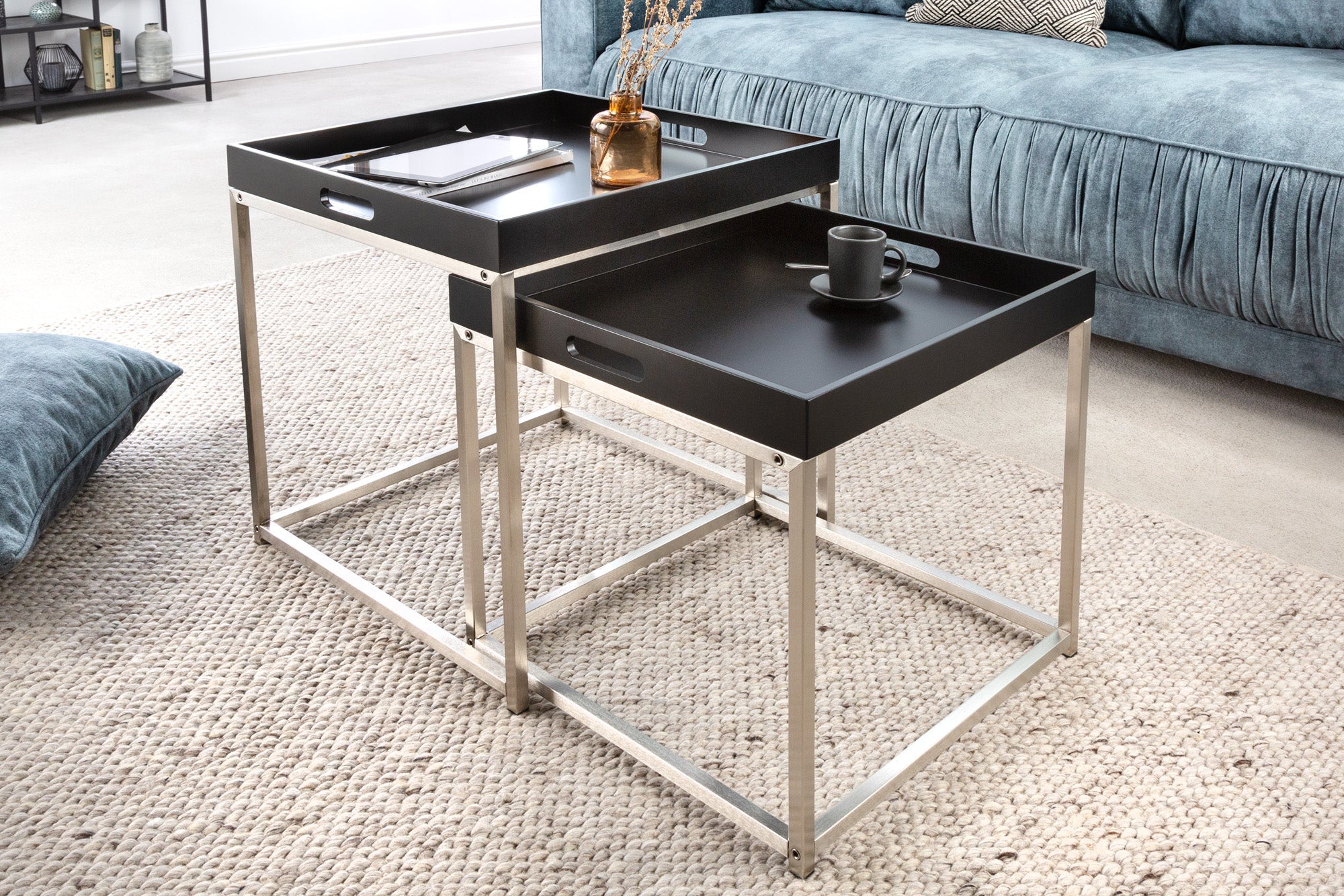 Moderna mesa auxiliar juego de 2 ELEMENTS 50cm tapa de acero negro extraíble