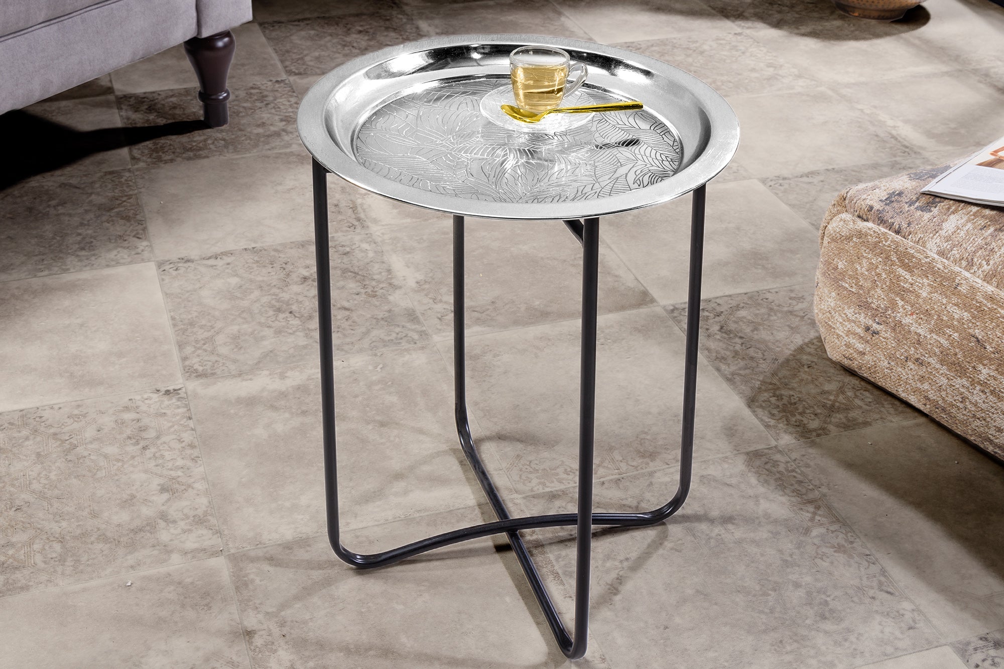 Table d'appoint orientale CASABLANCA 50cm plateau noir argenté amovible pliable