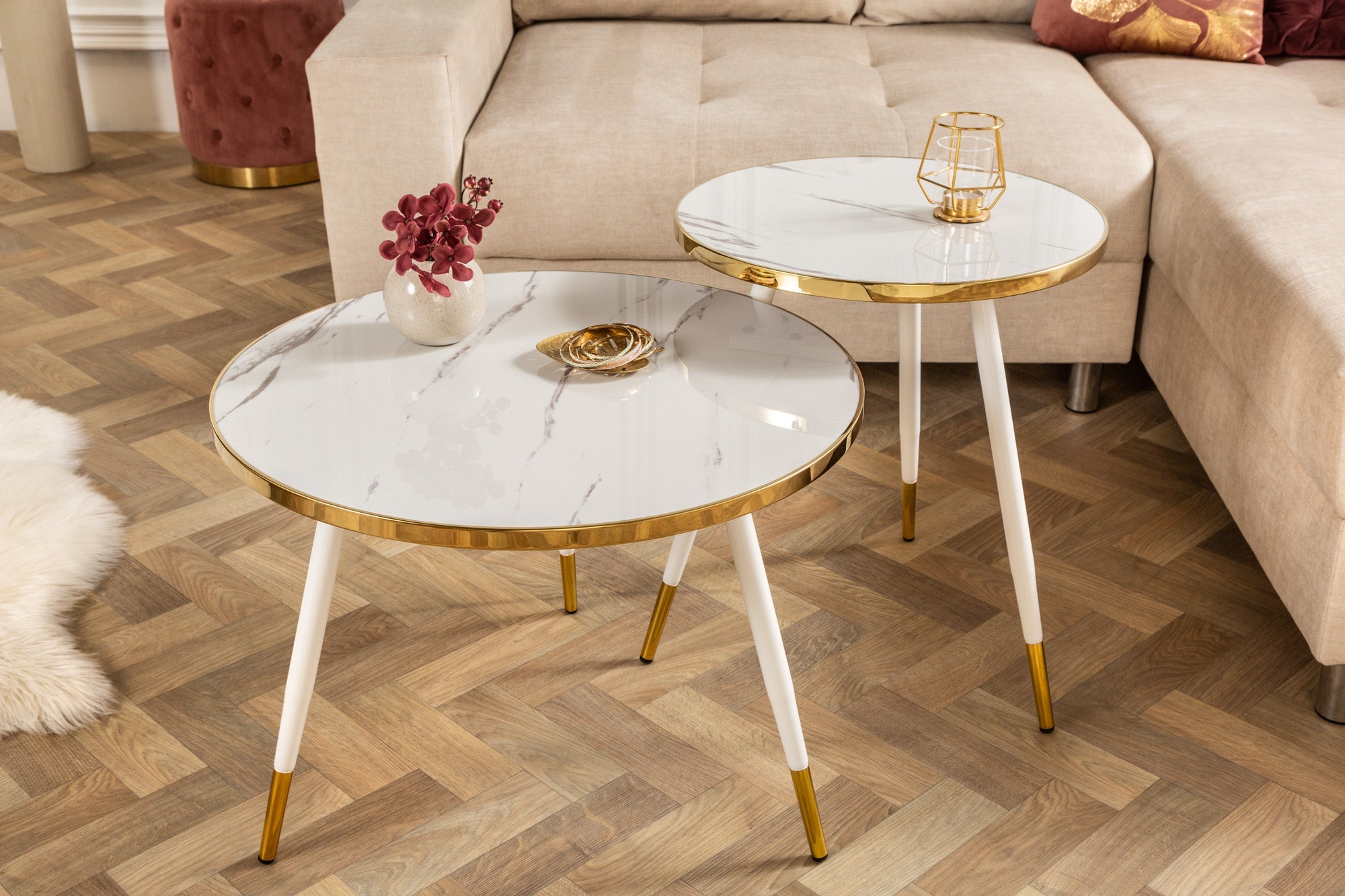 Mesa auxiliar PARIS retro 45cm cristal oro blanco diseño mármol mesa de centro redonda