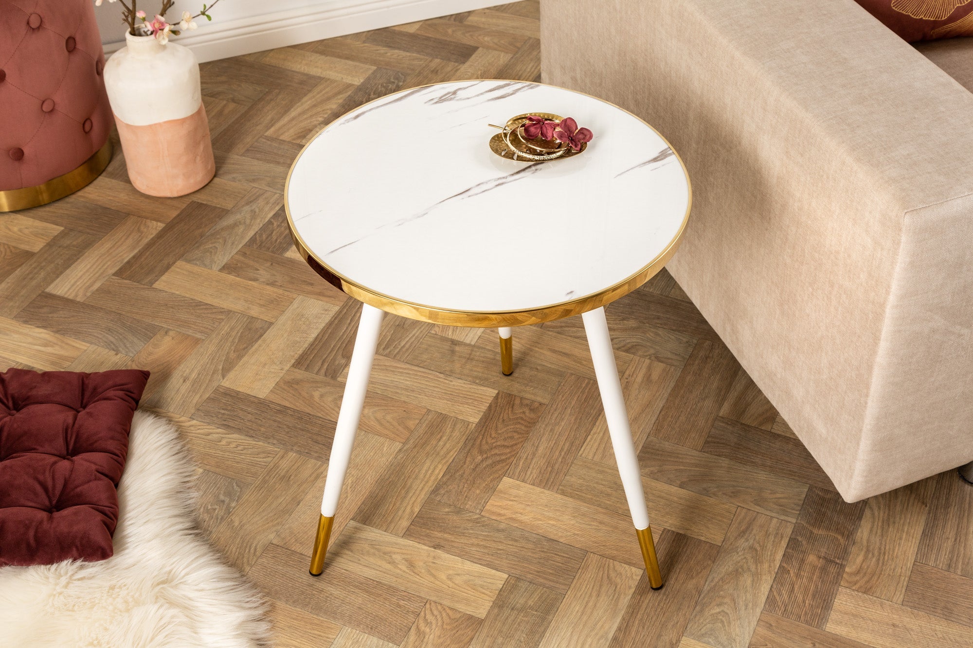 Mesa auxiliar PARIS retro 45cm cristal oro blanco diseño mármol mesa de centro redonda