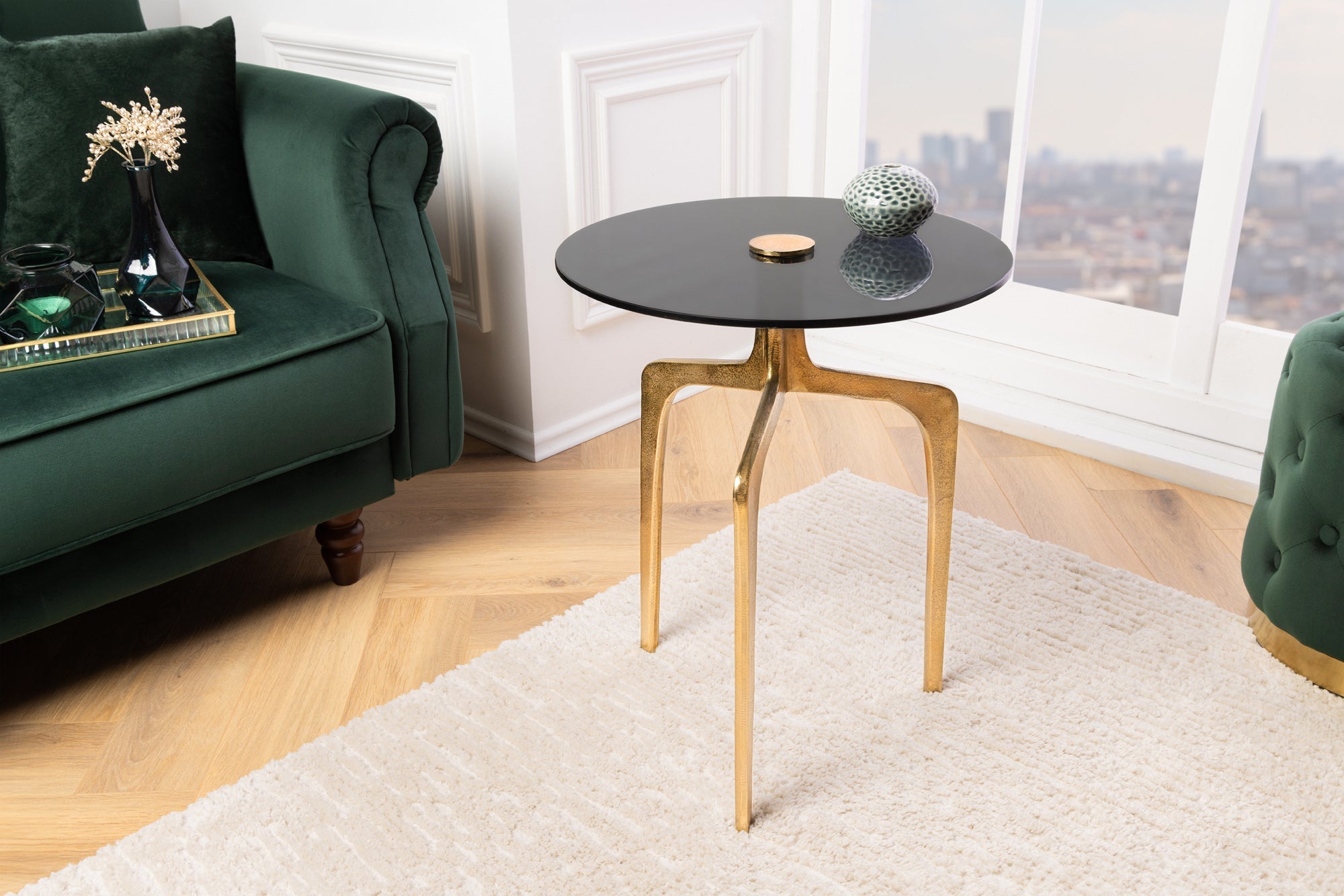 ABSTRACT mesa auxiliar redonda 60cm latón dorado patas de metal negro vidrio hecho a mano