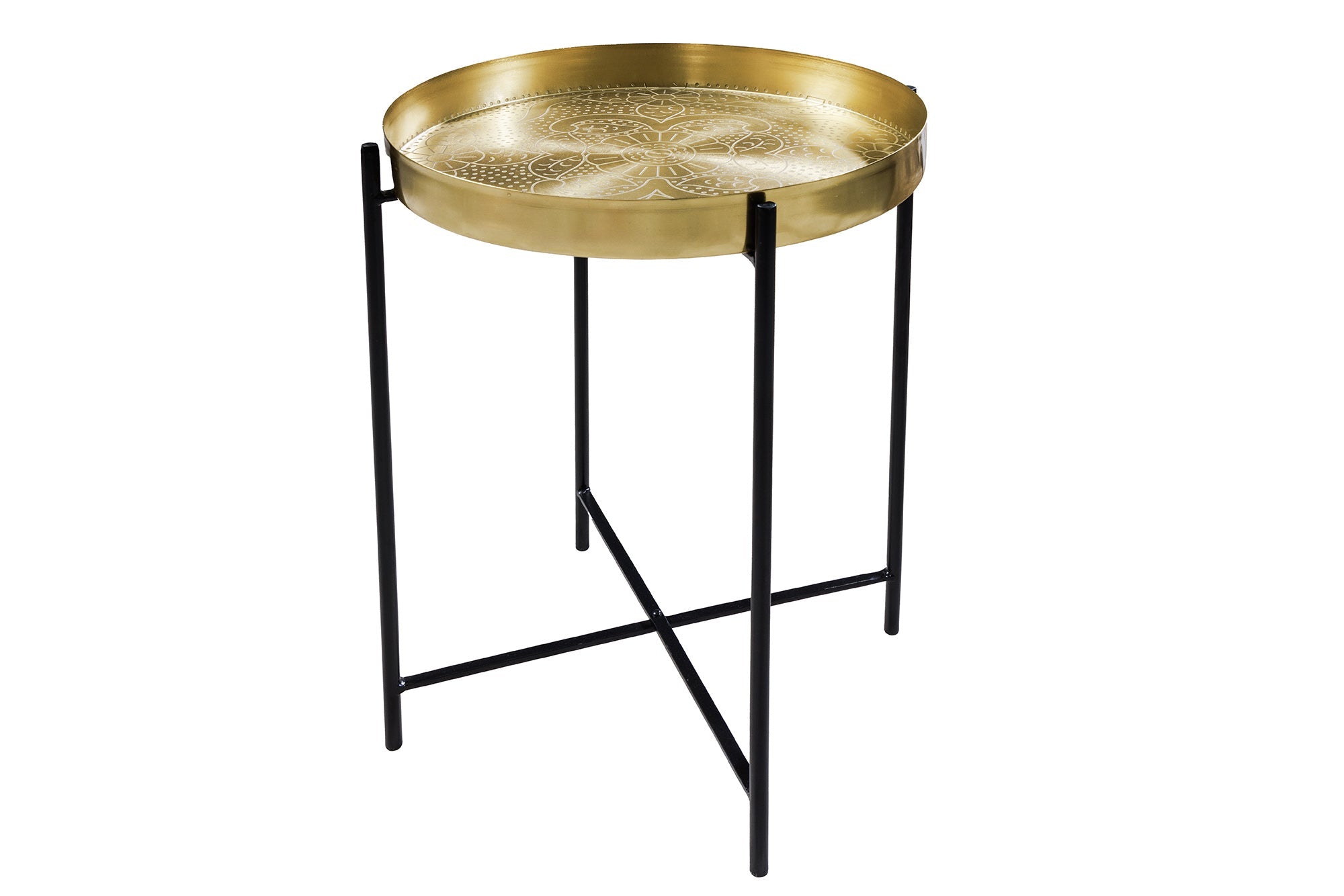 CASABLANCA Mesa auxiliar redonda de 50 cm de latón dorado con tablero extraíble de diseño martillado