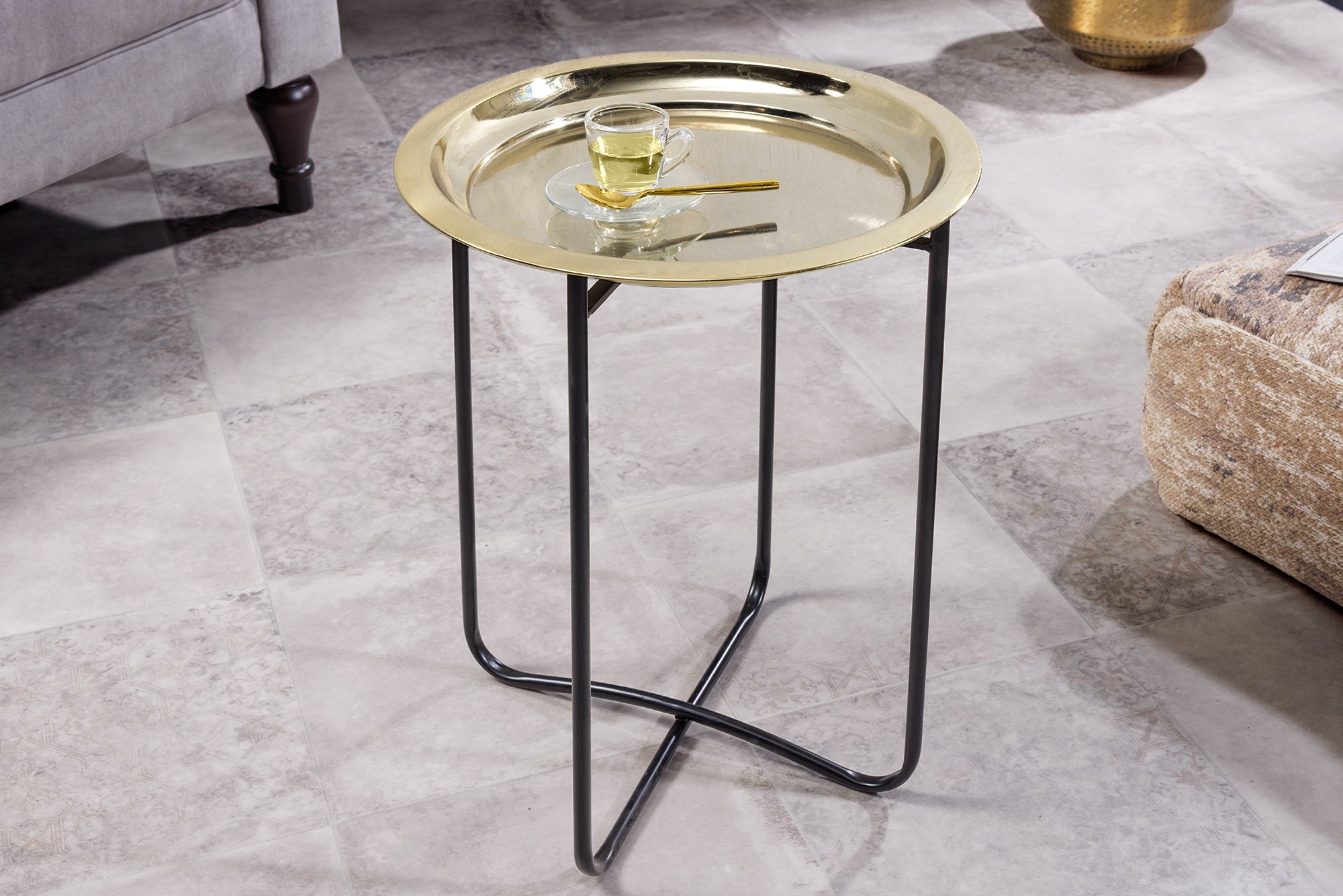 Table d'appoint ronde CASABLANCA 50cm laiton doré noir plateau amovible pliable