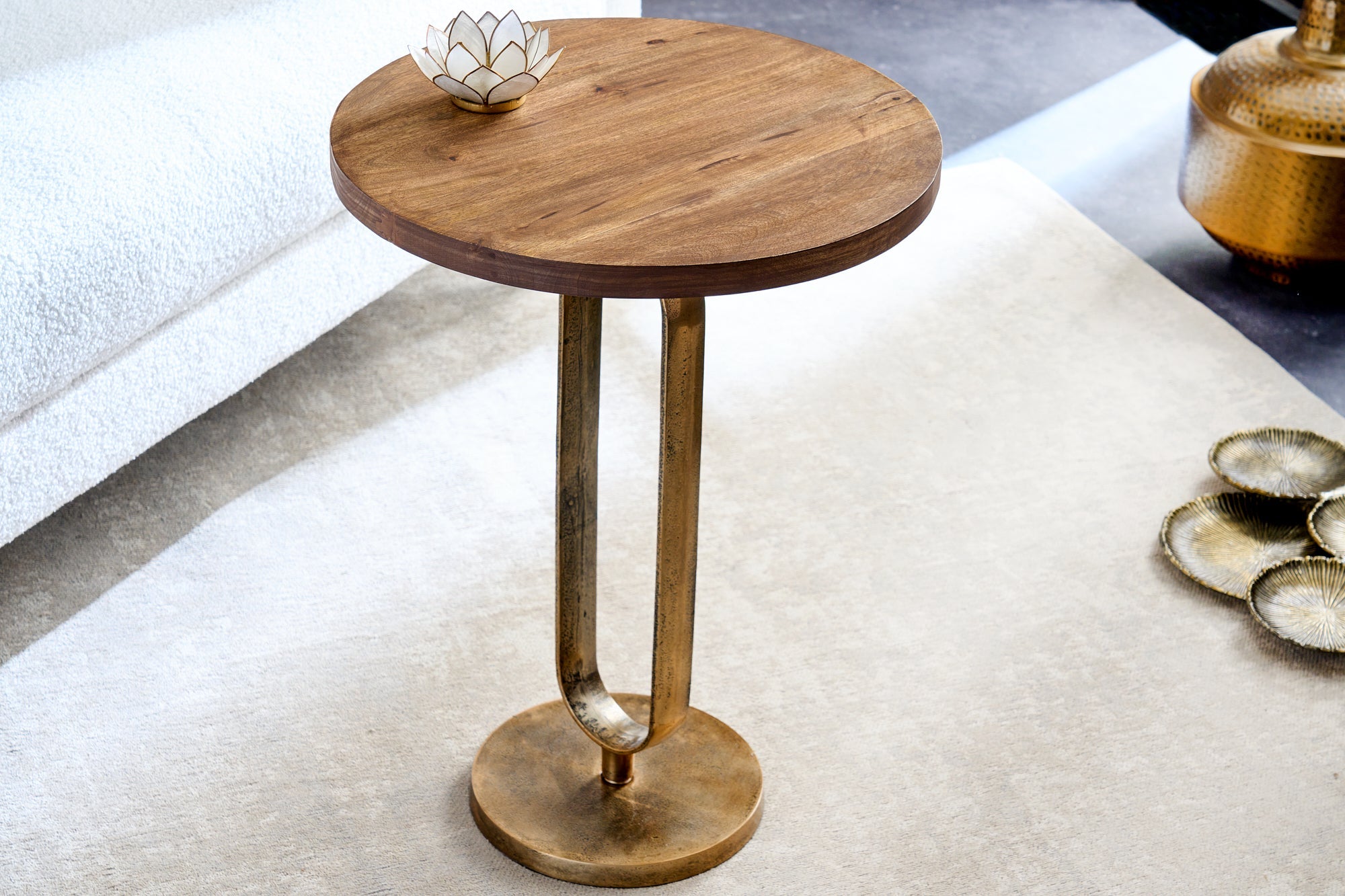 ELEGANCE mesa auxiliar redonda 60cm latón madera mango metal aluminio macizo hecha a mano