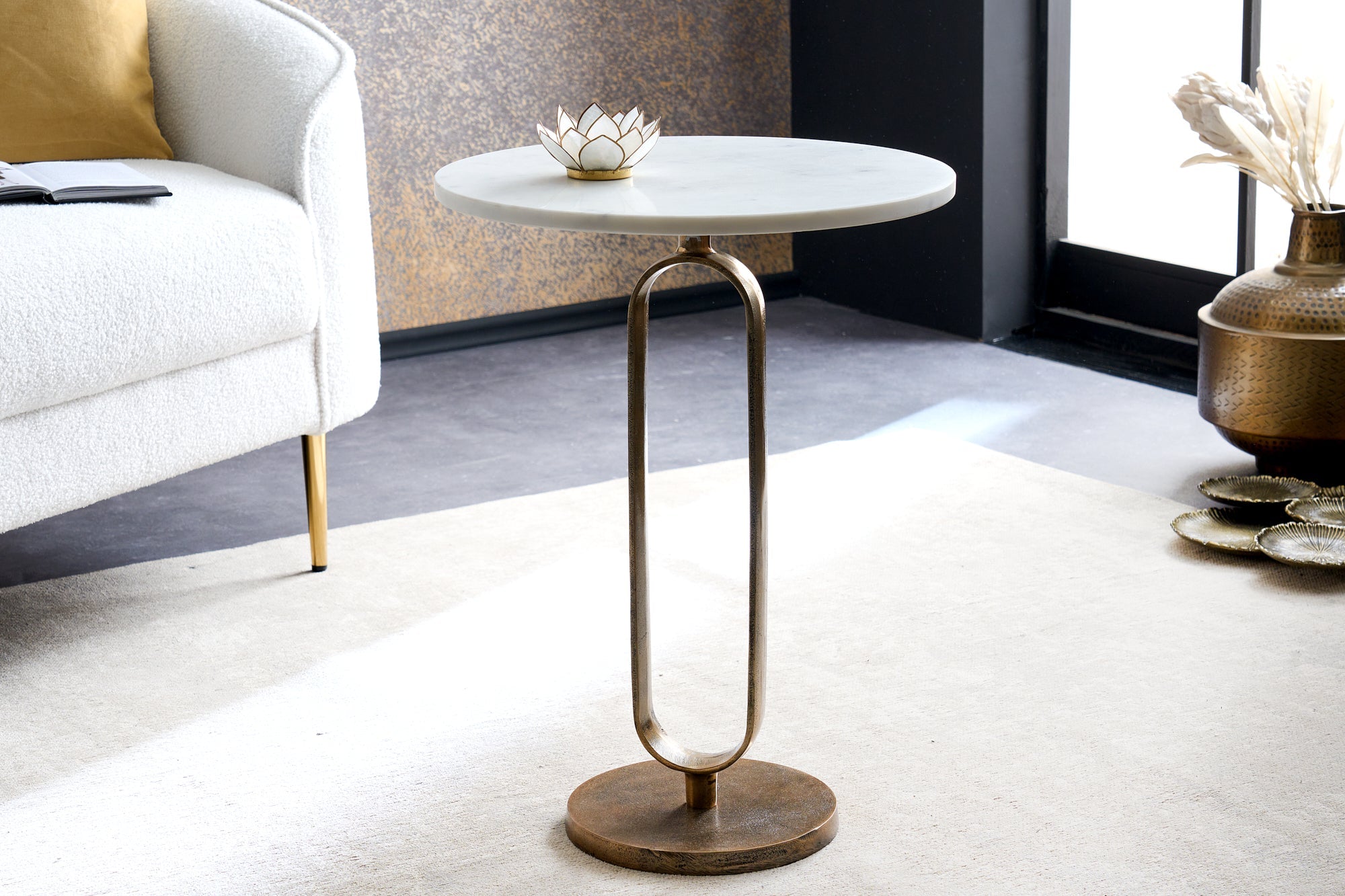 ELEGANCE mesa auxiliar redonda 60cm oro blanco mármol antiguo metal aluminio hecho a mano