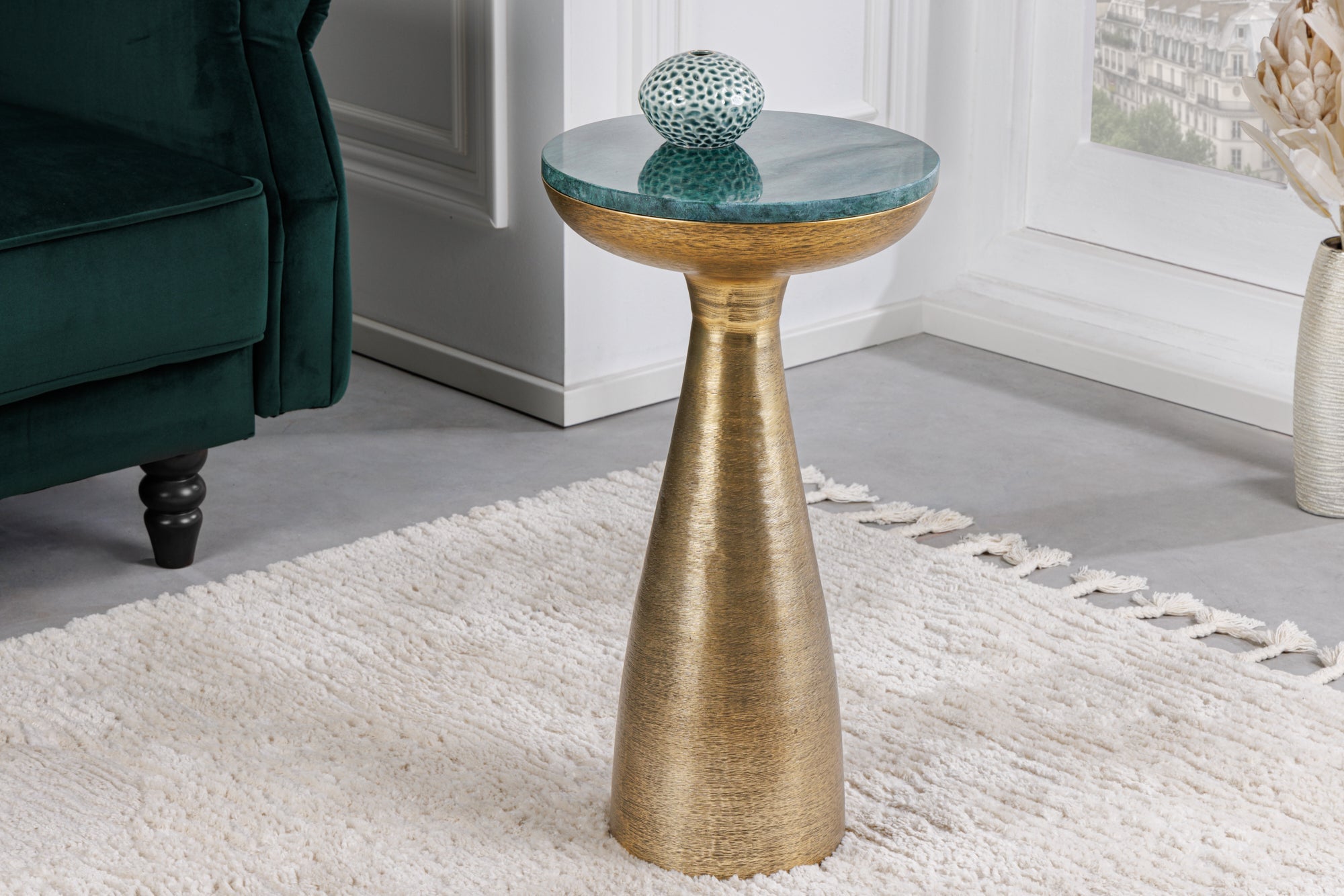 ELEMENTS Mesa auxiliar redonda de 55 cm de mármol verde dorado hecho a mano