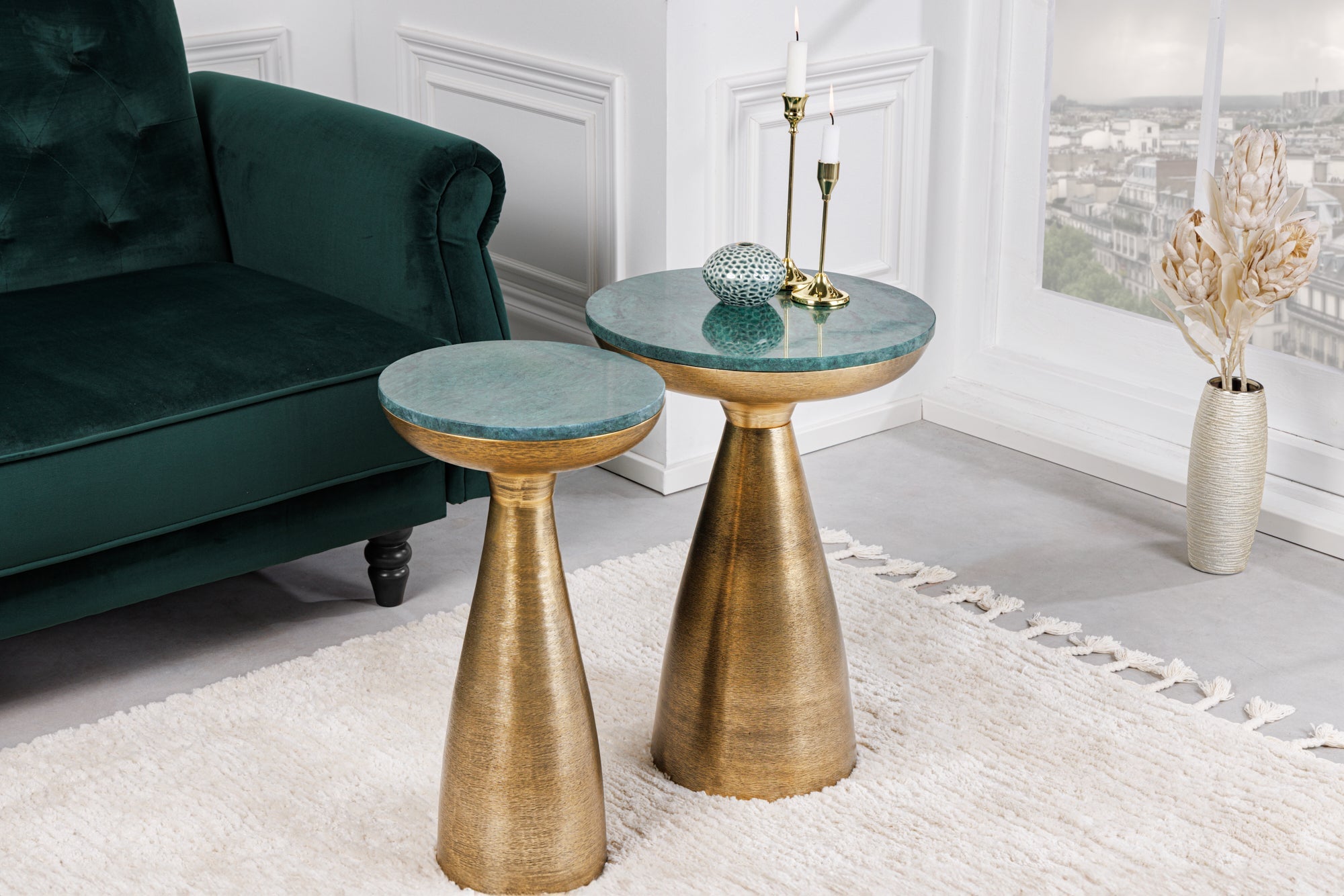ELEMENTS Mesa auxiliar redonda de 55 cm de mármol verde dorado hecho a mano