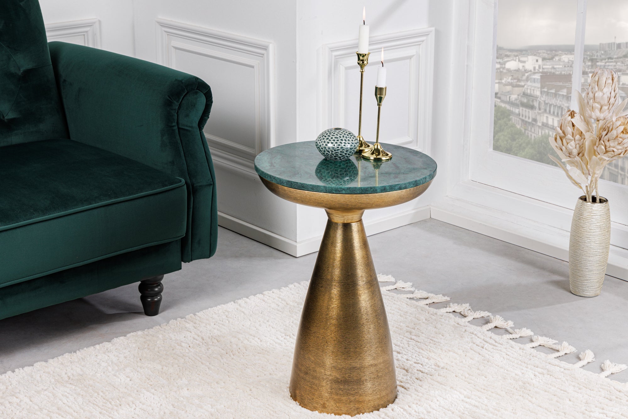 ELEMENTS Mesa auxiliar redonda de 60 cm de mármol verde dorado hecho a mano