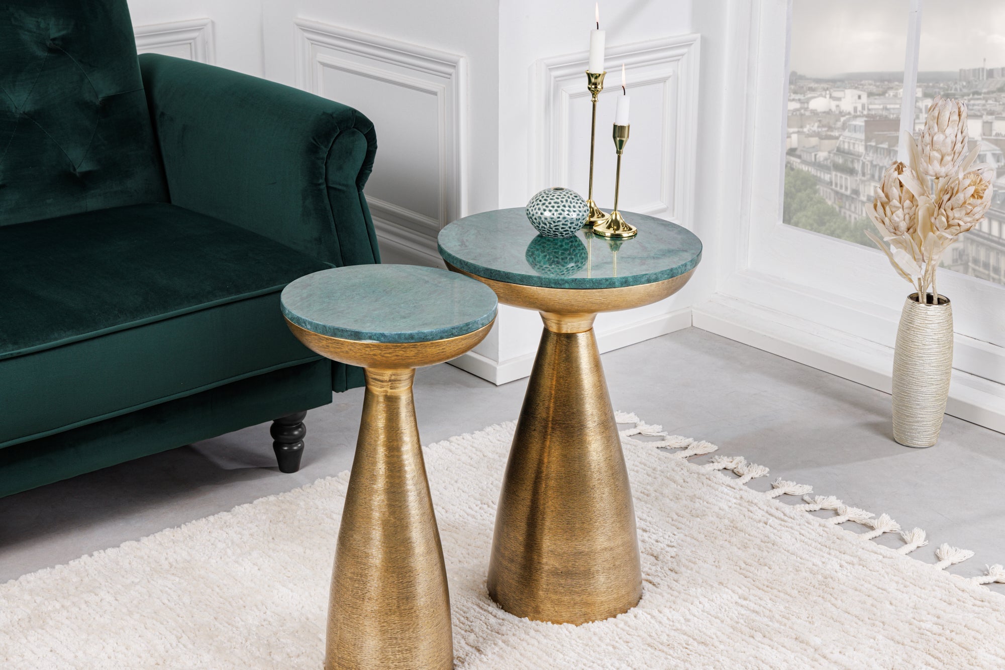 ELEMENTS Mesa auxiliar redonda de 60 cm de mármol verde dorado hecho a mano