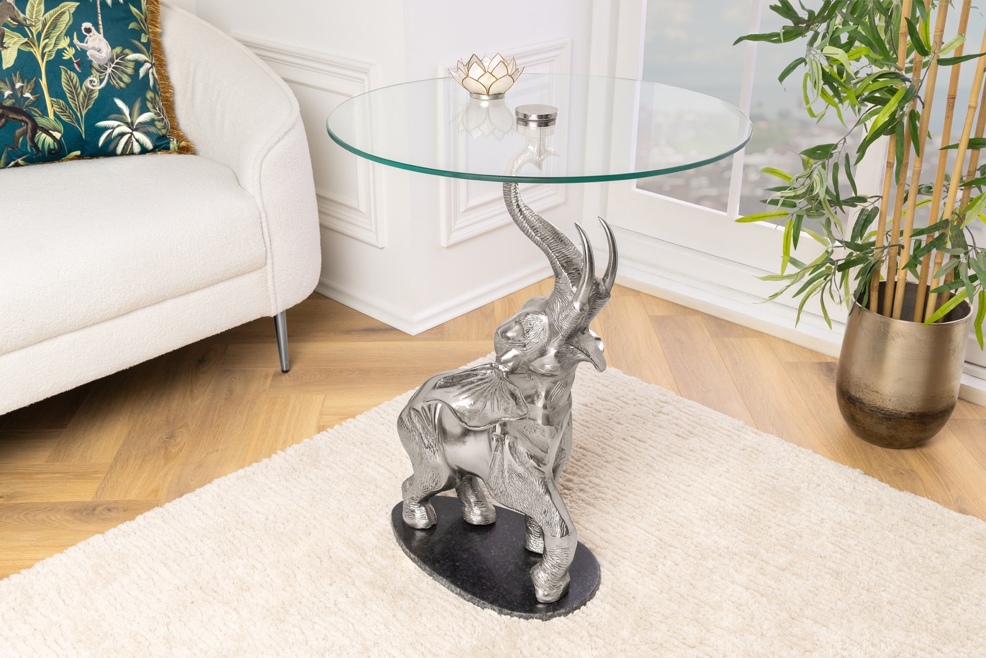 ELEFANTE mesa auxiliar redonda 80cm metal plateado cristal marmol escultura hecha a mano