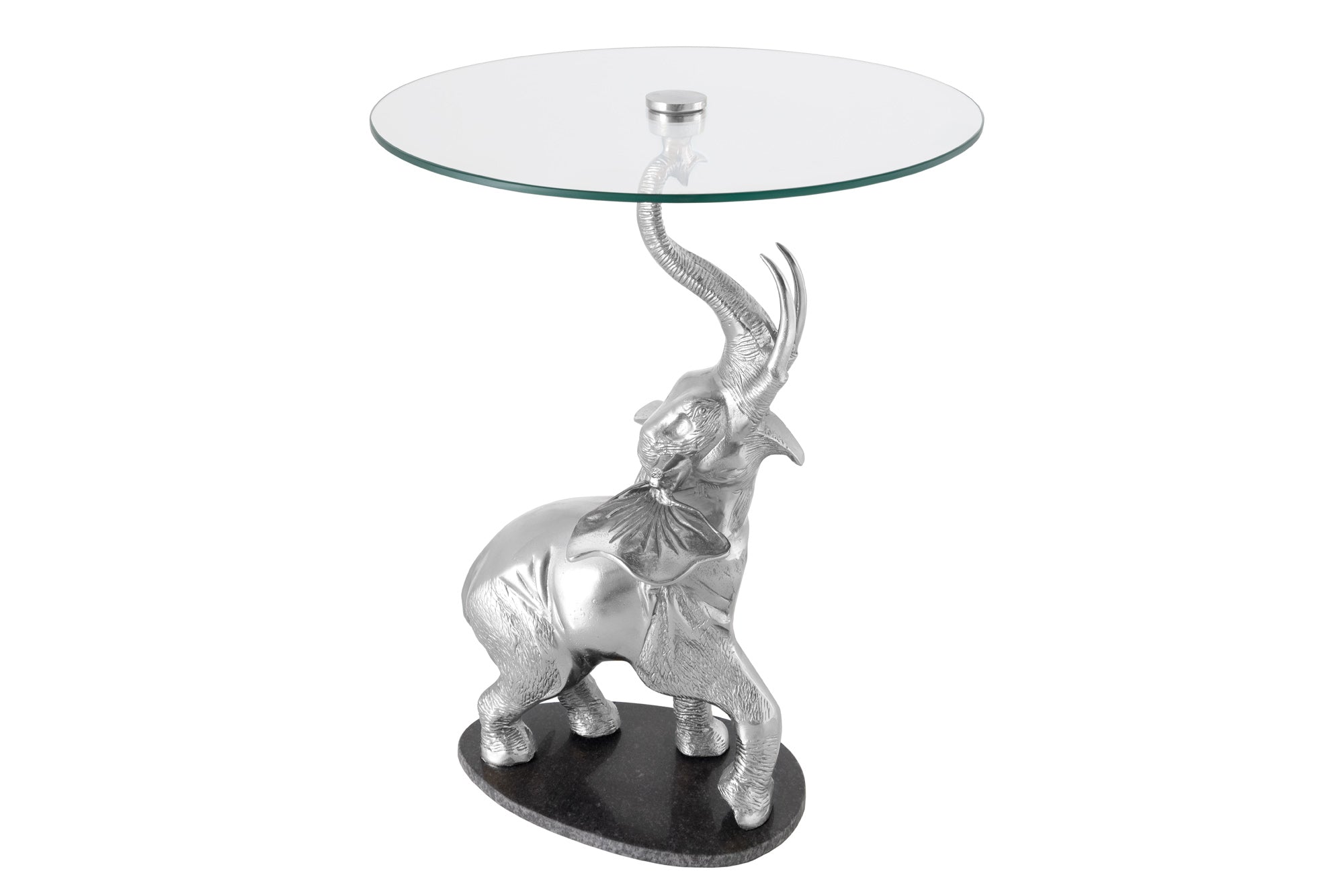 ELEFANTE mesa auxiliar redonda 80cm metal plateado cristal marmol escultura hecha a mano