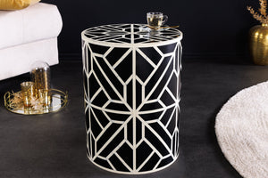 Table d'appoint ronde en marqueterie d'os HARMONY NATURE 45 cm, noire et blanche, fabriquée à la main