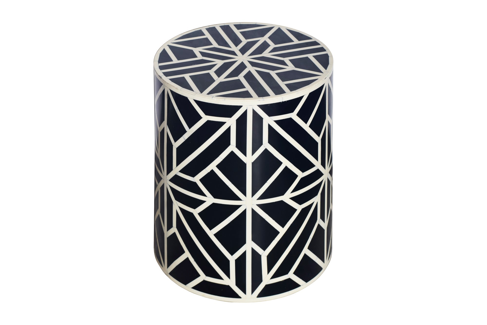 HARMONY NATURE Mesa auxiliar redonda de marquetería de hueso 45 cm, negra y blanca, hecha a mano