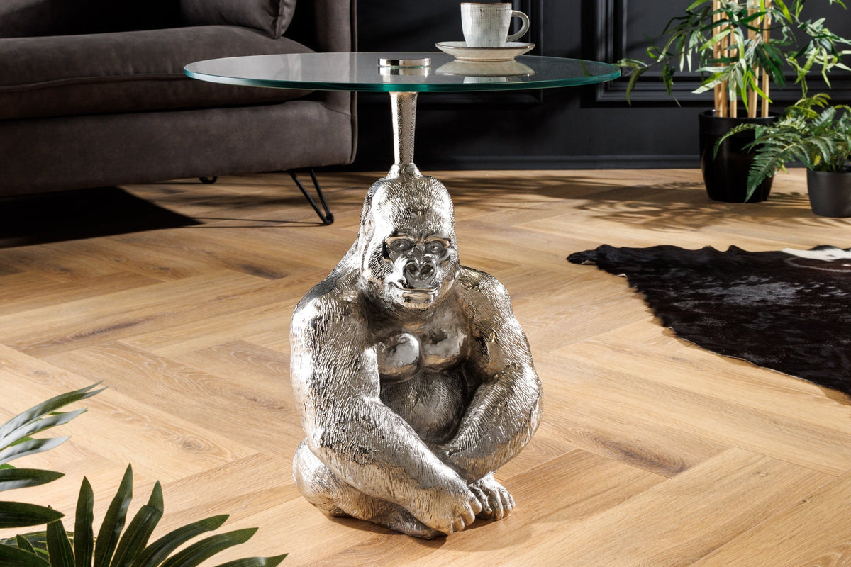Table d’appoint ronde KONG 50cm métal argenté verre figurine singe sculpture gorille