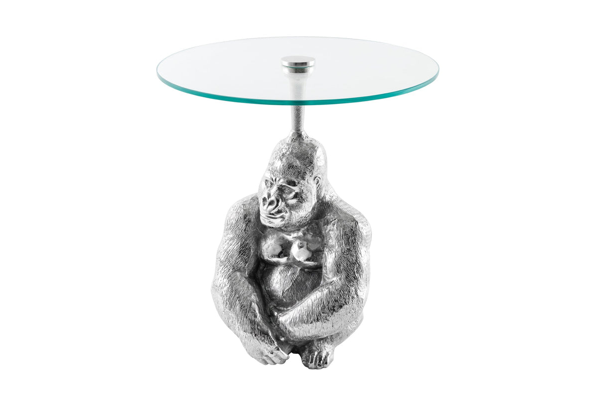 Table d’appoint ronde KONG 50cm métal argenté verre figurine singe sculpture gorille