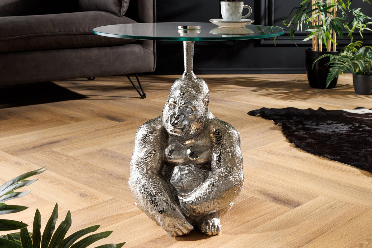 Table d’appoint ronde KONG 50cm métal argenté verre figurine singe sculpture gorille