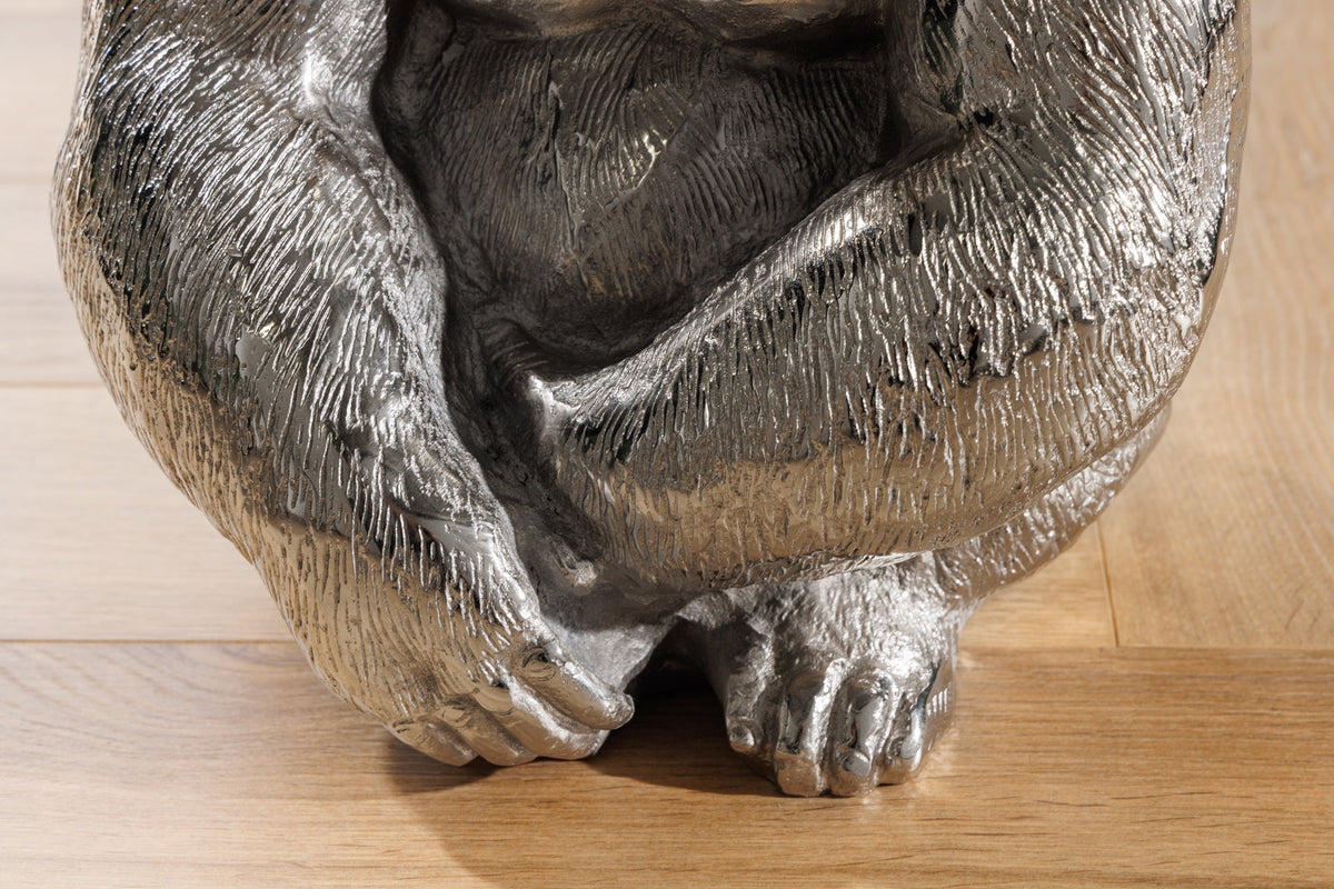 Table d’appoint ronde KONG 50cm métal argenté verre figurine singe sculpture gorille