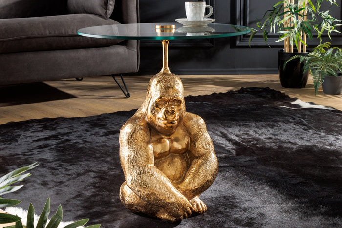 Table d'appoint ronde KONG 50cm métal doré verre figurine singe sculpture gorille