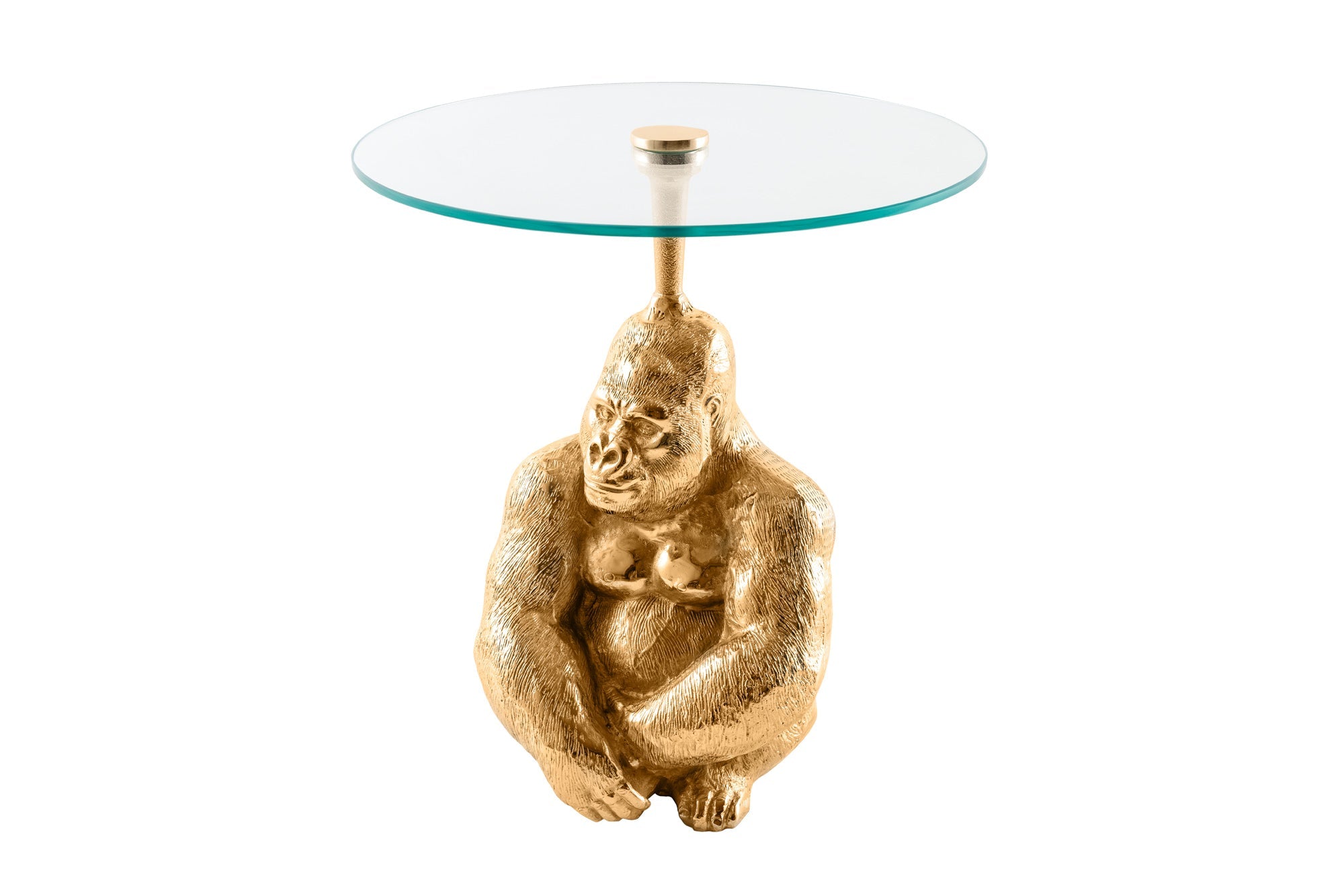 KONG mesa auxiliar redonda 50cm metal dorado cristal figura mono escultura gorila