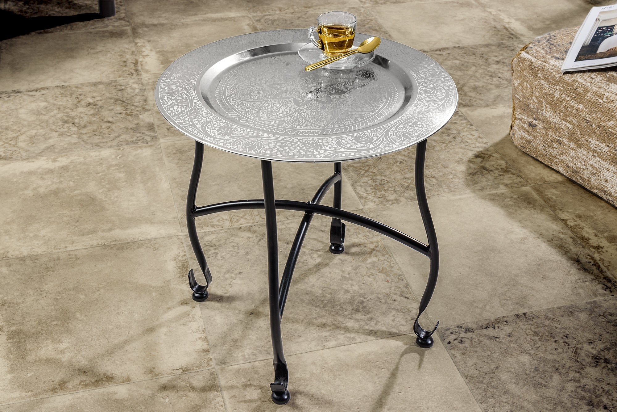 Table d'appoint ronde MARRAKESH 40cm table à thé argentée plateau amovible pliable