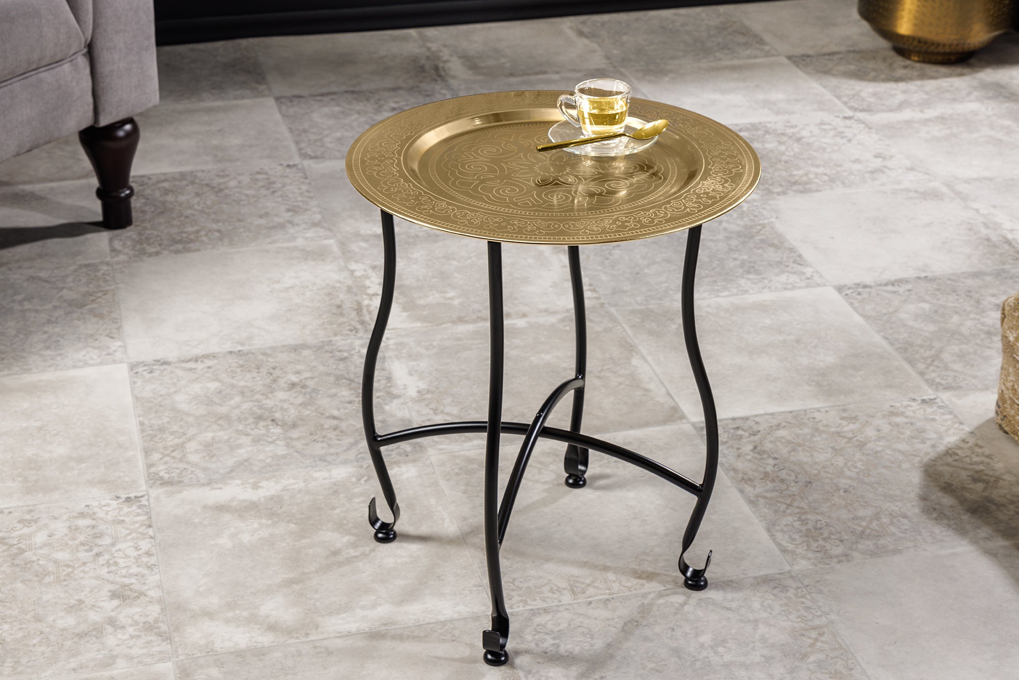 Table d'appoint ronde MARRAKESH 50cm en laiton doré table à thé plateau amovible pliable