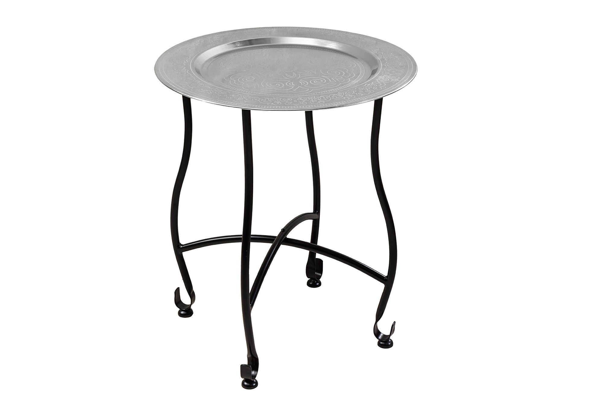 MARRAKESH Mesa auxiliar redonda de 50 cm con bandeja de té plateada plegable extraíble