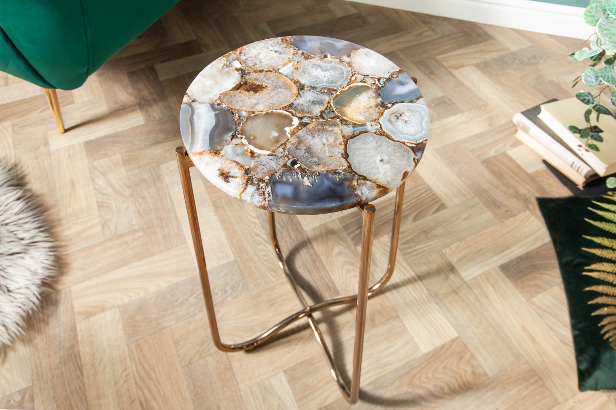 NOBLE I mesa auxiliar redonda 35cm ágata gema plegable metal dorado estructura