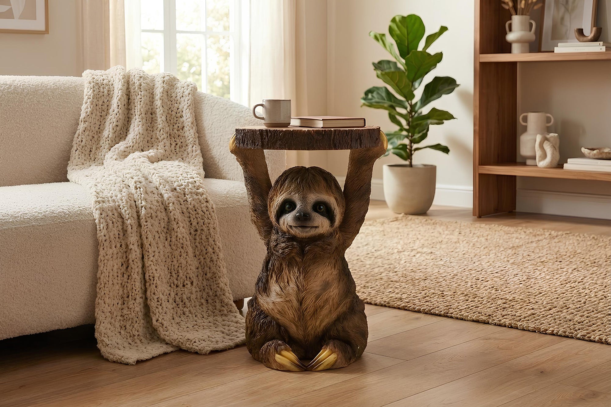 Table d’appoint ronde SLOTH 50cm sculpture de paresseux gris marron faite à la main