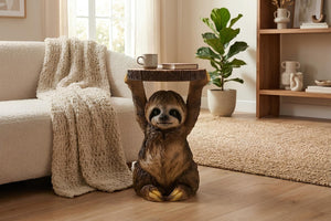 Table d’appoint ronde SLOTH 50cm sculpture de paresseux gris marron faite à la main