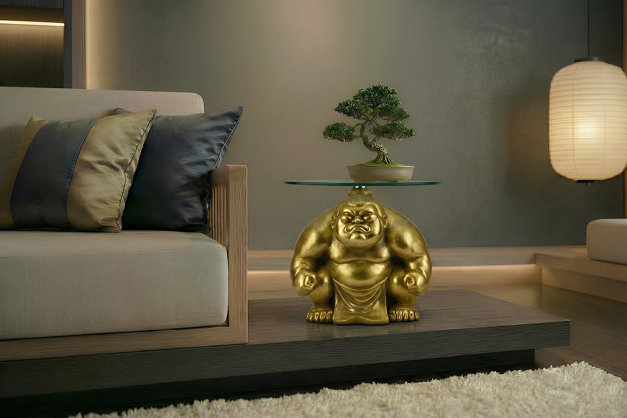 Table d’appoint ronde SUMO 30cm sculpture dorée faite main