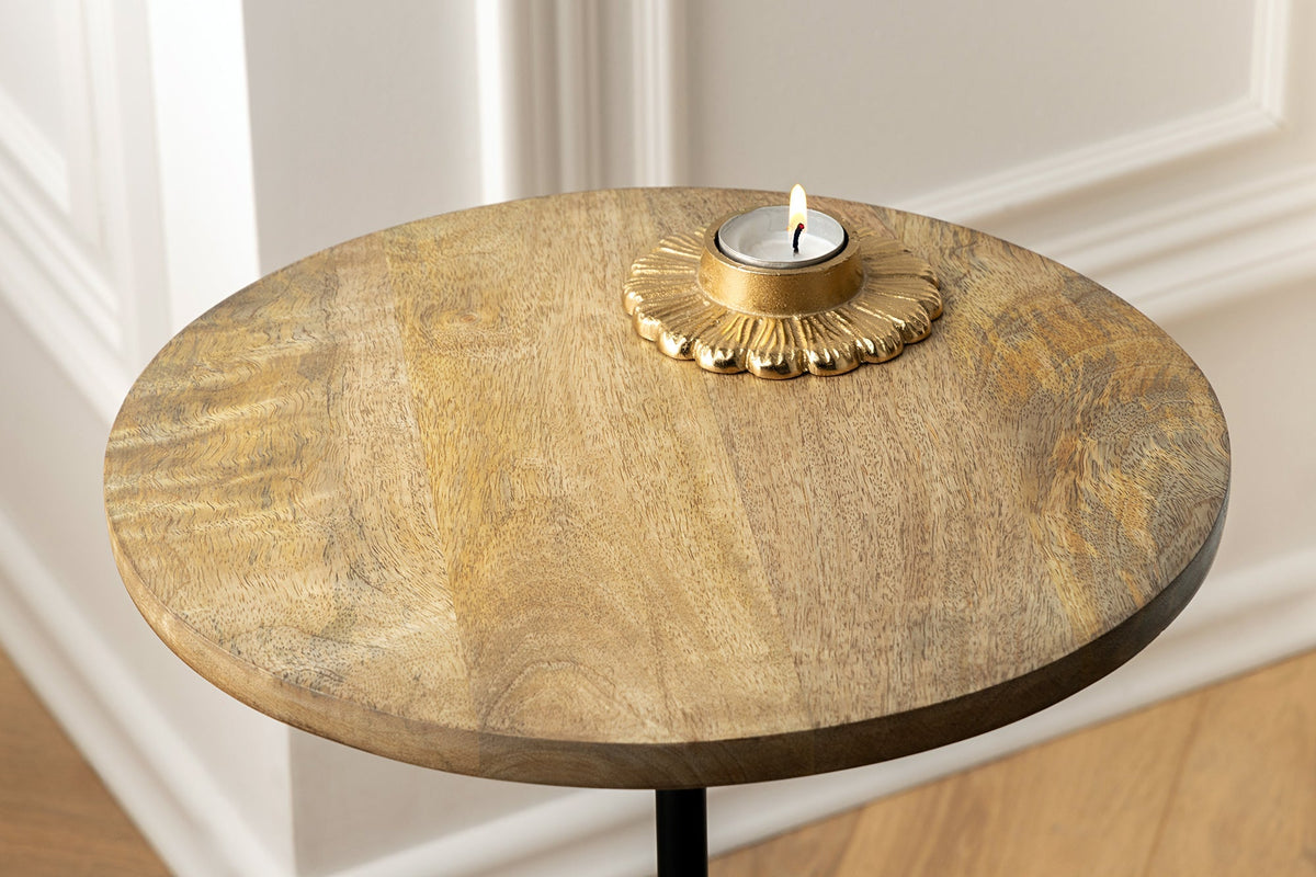 Table d’appoint ronde TRAYFUL 55cm en bois de manguier naturel massif socle en marbre métal noir