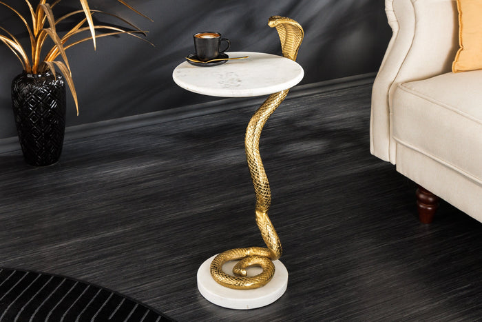 Table d'appoint ronde WILDLIFE COBRA 65cm sculpture serpent en marbre blanc doré faite main