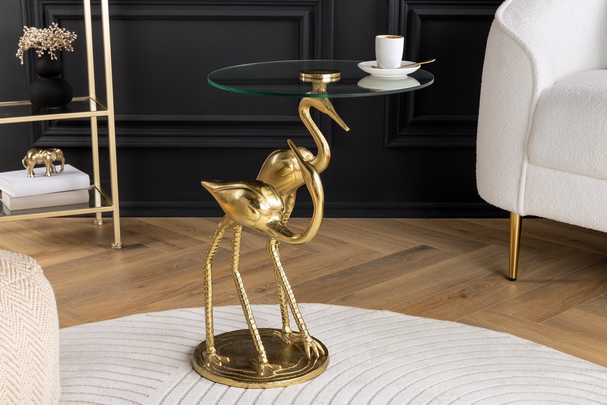 Mesa auxiliar redonda WILDLIFE CRANE 55cm escultura de grulla de cristal dorado hecha a mano