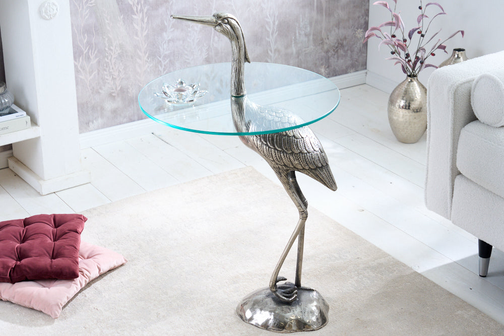 WILDLIFE HERON mesa auxiliar redonda 90cm metal plateado cristal escultura heron hecha a mano
