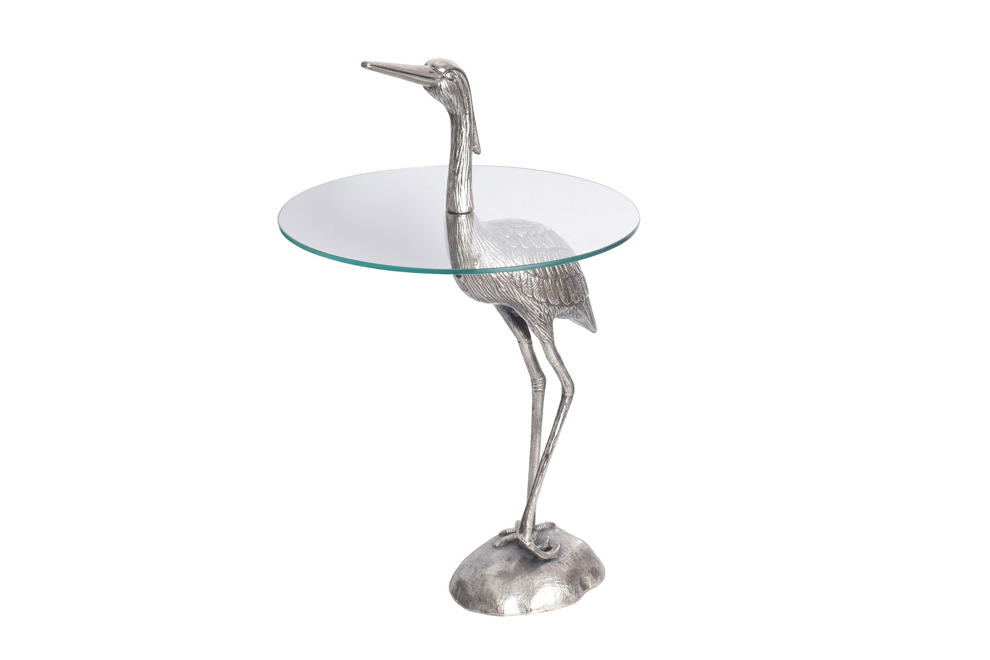WILDLIFE HERON mesa auxiliar redonda 90cm metal plateado cristal escultura heron hecha a mano