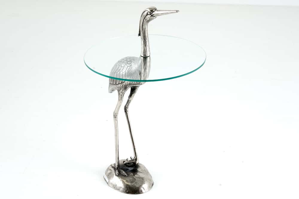 Table d'appoint ronde WILDLIFE HERON 90cm métal argenté verre sculpture héron fait main