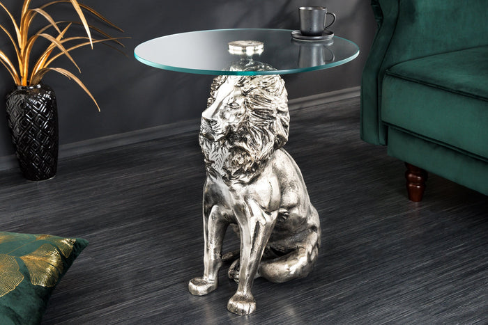 Table d'appoint ronde WILDLIFE LION 60cm argent antique métal verre sculpture lion