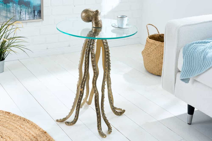 Table d'appoint ronde WILDLIFE OCTOPUS 70cm laiton métal doré sculpture verre fait main