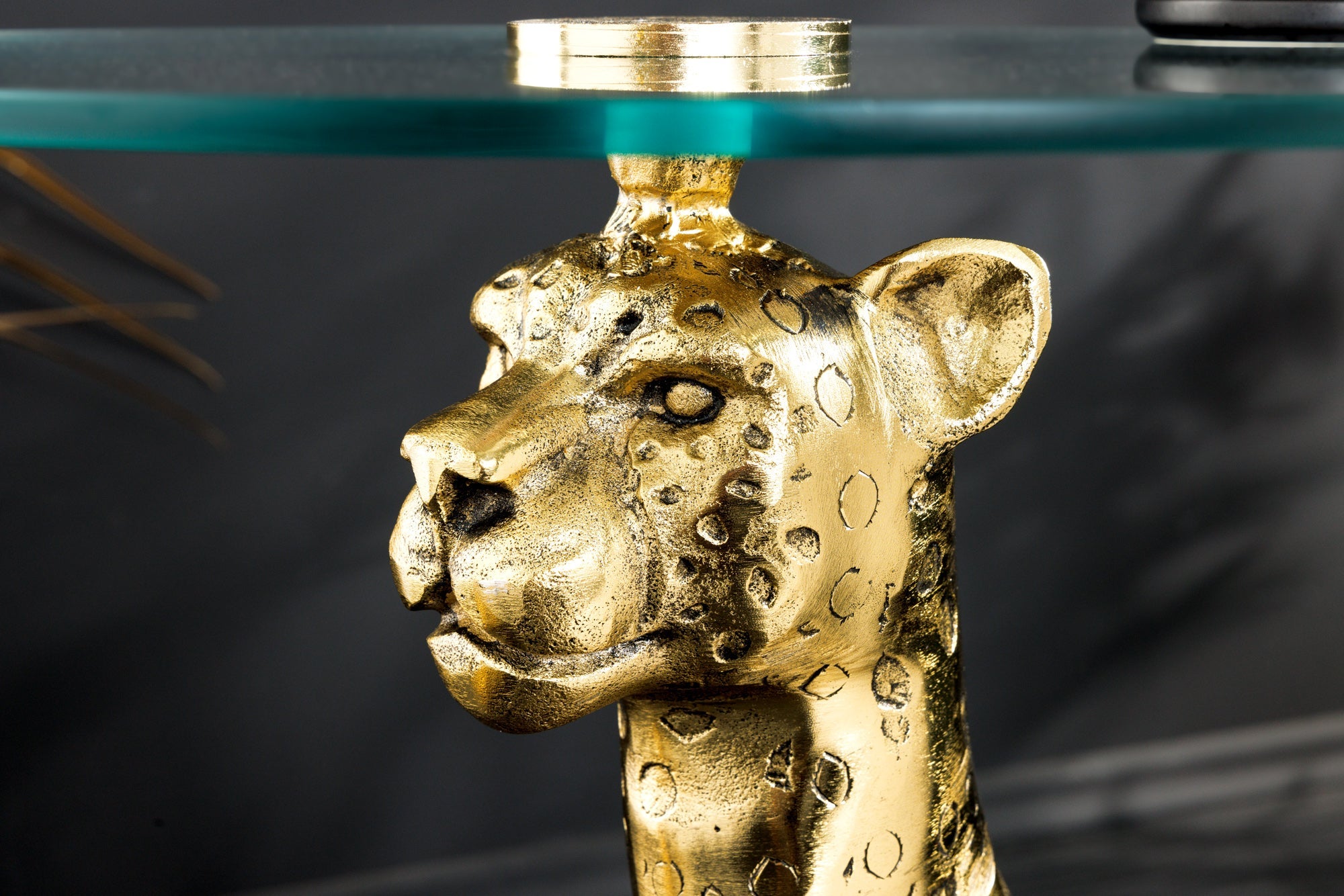 WILDLIFE PANTHER mesa auxiliar redonda 60cm metal dorado antiguo escultura de cristal hecha a mano
