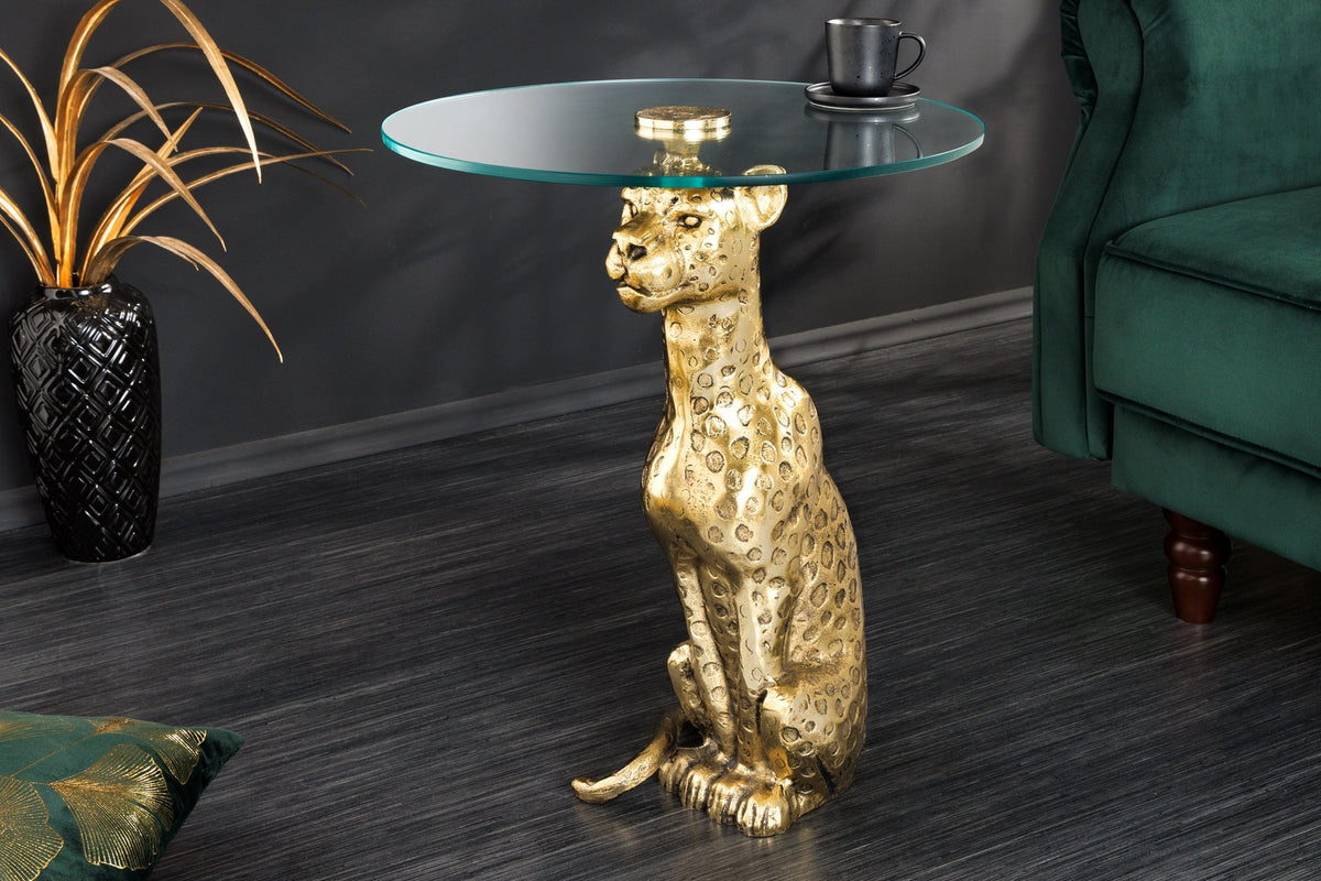Table d’appoint ronde WILDLIFE PANTHER 60cm sculpture en verre métal doré antique fait main