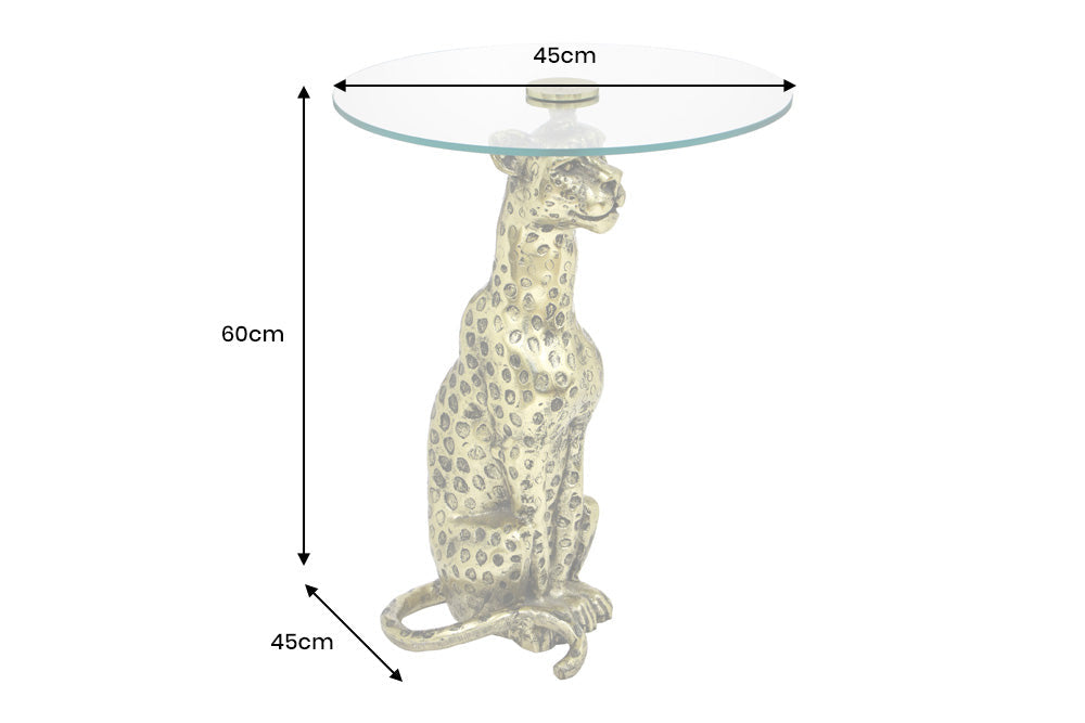 Table d’appoint ronde WILDLIFE PANTHER 60cm sculpture en verre métal doré antique fait main