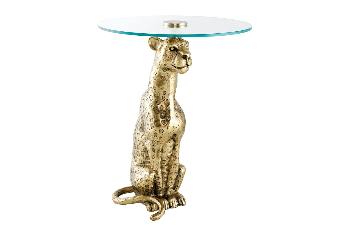 Table d’appoint ronde WILDLIFE PANTHER 60cm sculpture en verre métal doré antique fait main