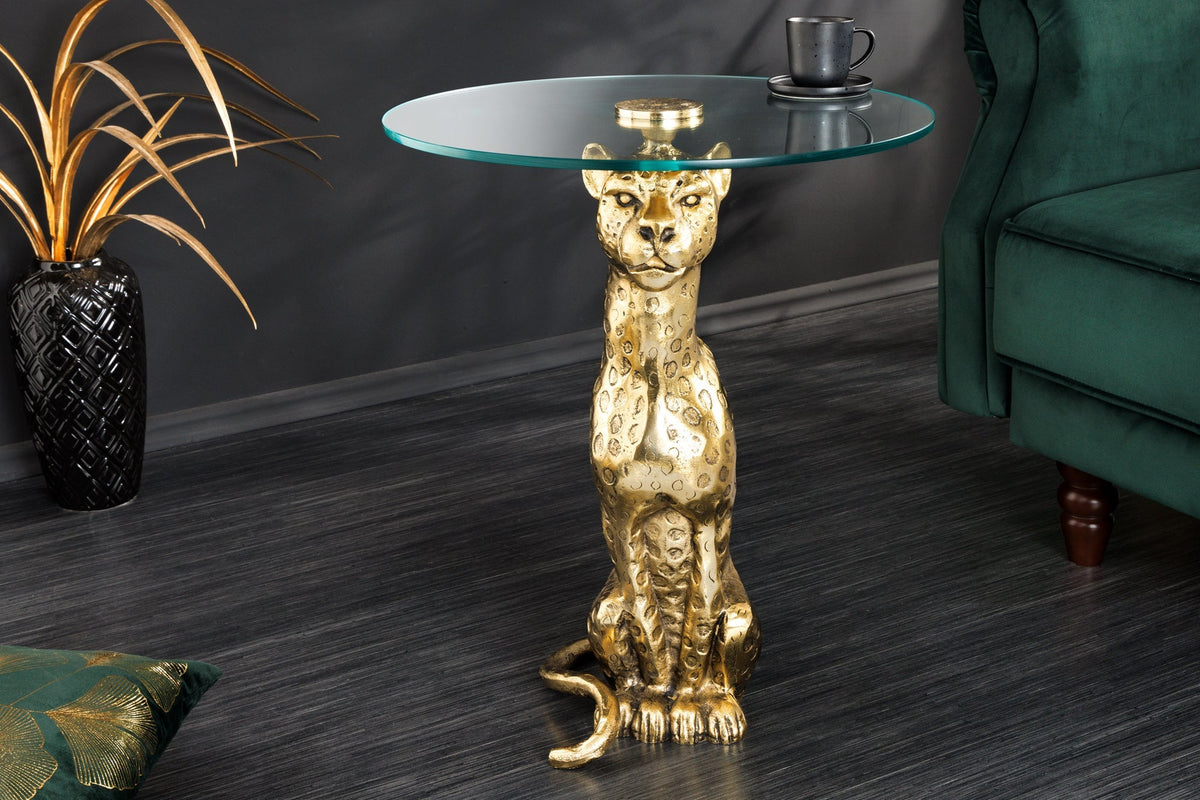 Table d’appoint ronde WILDLIFE PANTHER 60cm sculpture en verre métal doré antique fait main