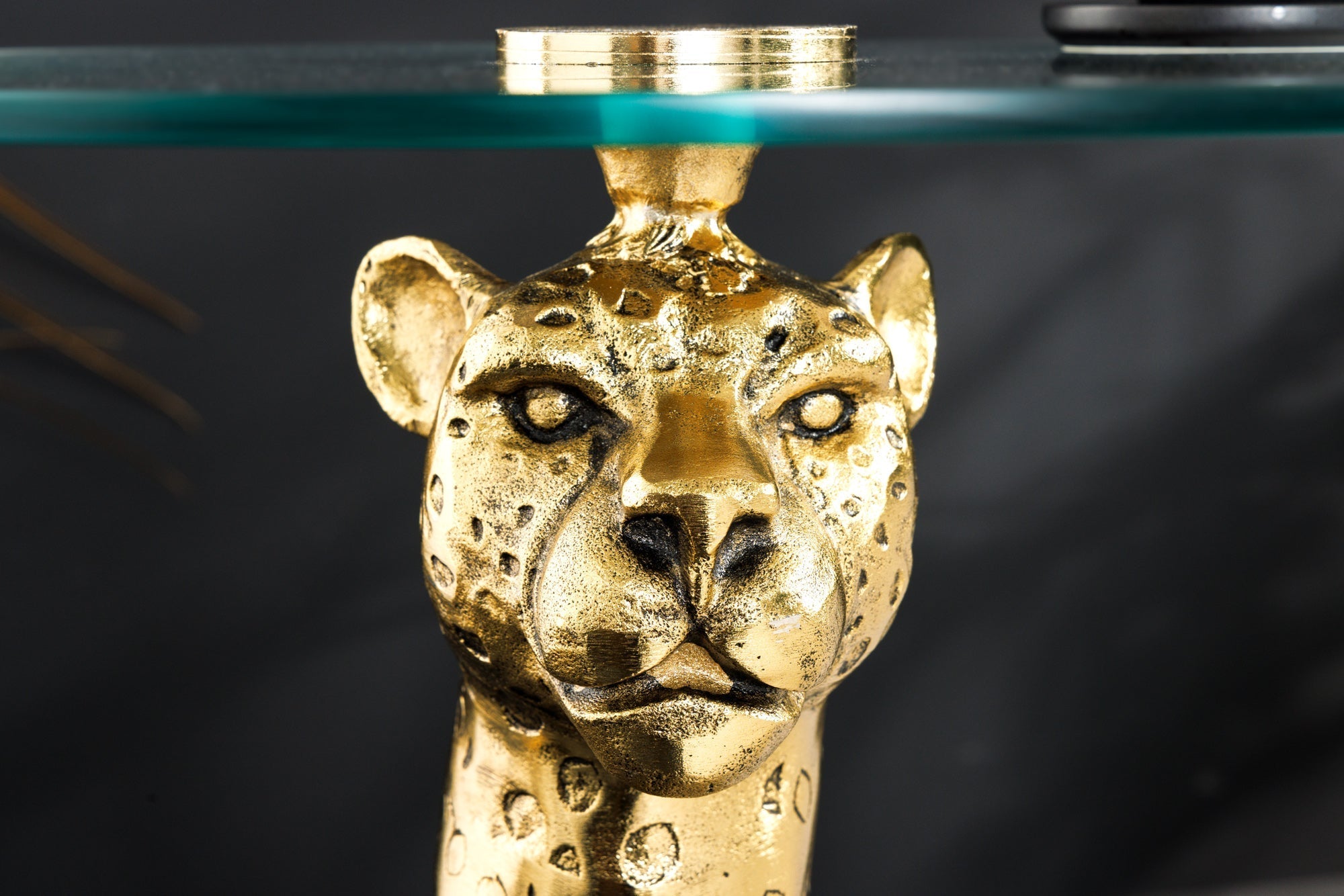 Table d’appoint ronde WILDLIFE PANTHER 60cm sculpture en verre métal doré antique fait main