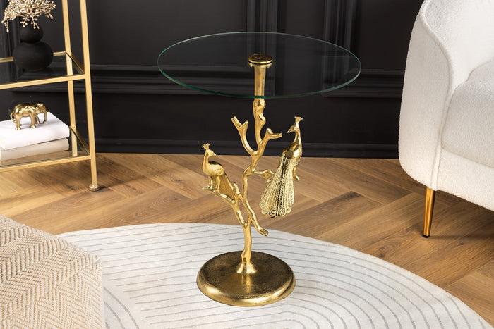 Table d'appoint ronde WILDLIFE PEACOCK 60cm plateau en verre doré sculpture paon en métal