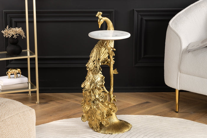 Table d'appoint ronde WILDLIFE PEACOCK 75cm or antique métal blanc marbre sculpture paon