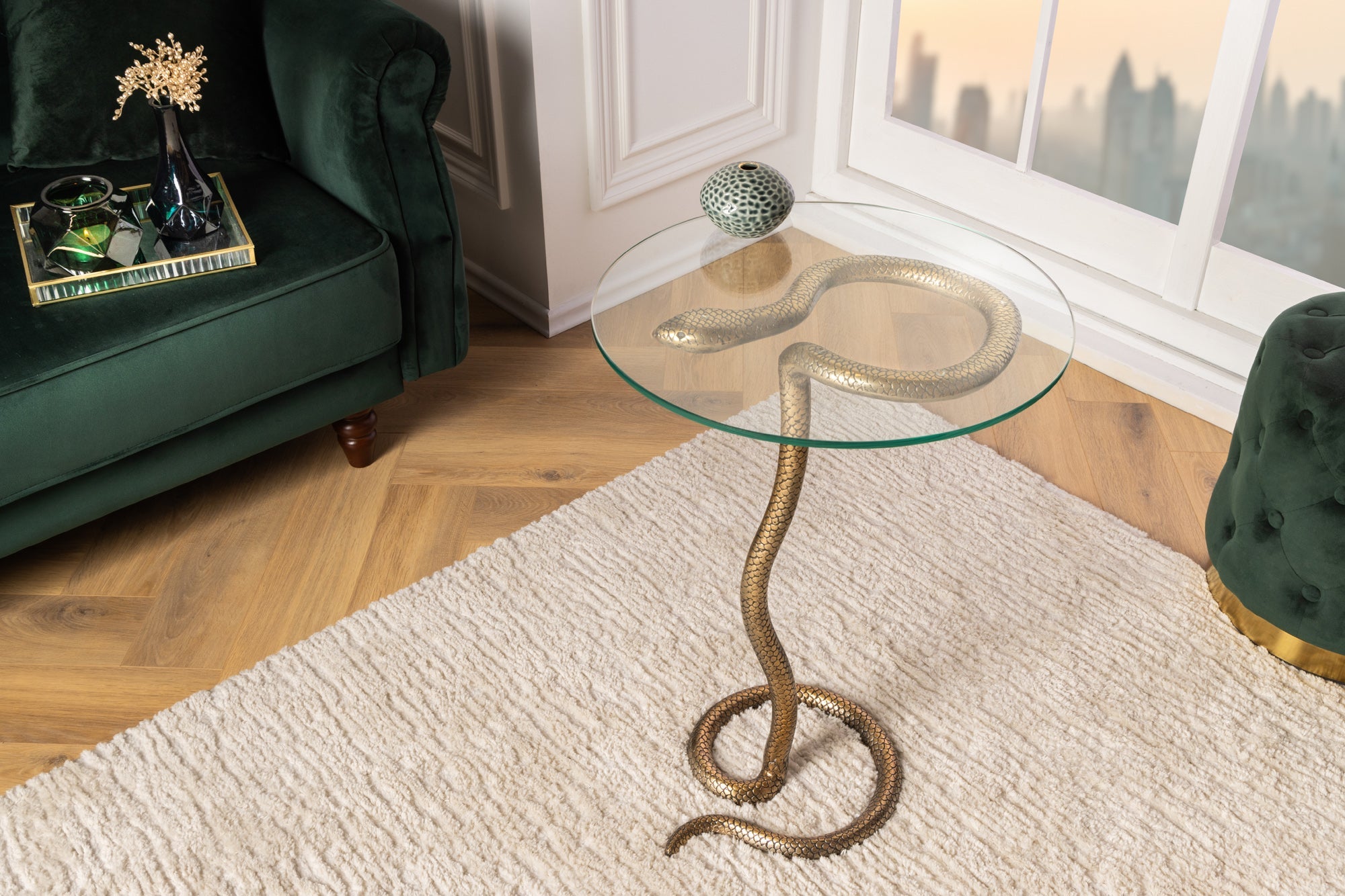 WILDLIFE SNAKE mesa auxiliar redonda 65cm cobre metal antiguo vidrio hecho a mano