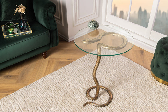 Table d'appoint ronde WILDLIFE SNAKE 65cm cuivre métal antique verre fait main