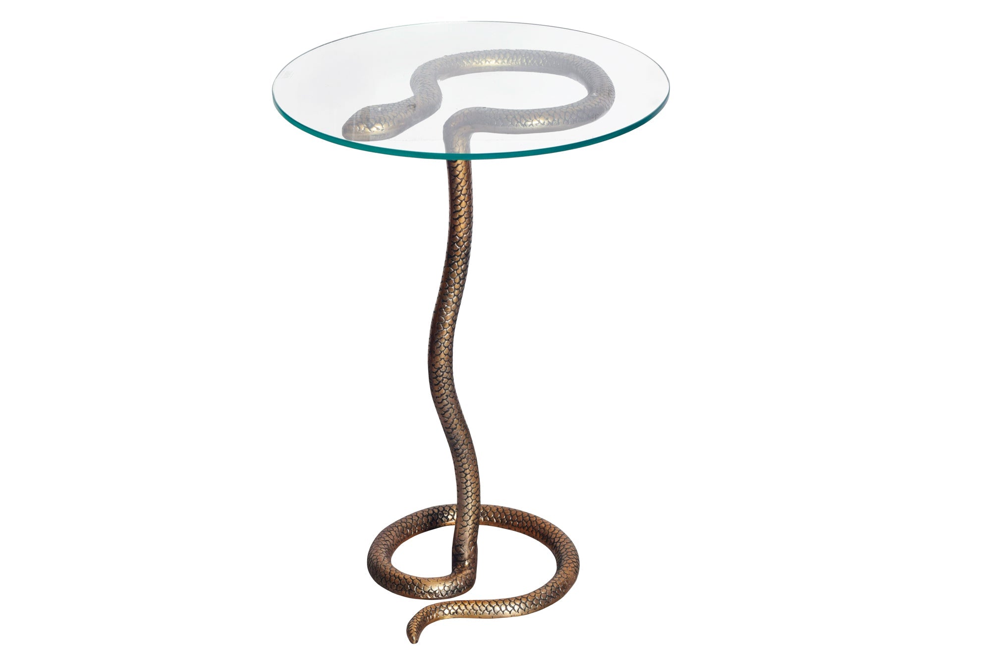 WILDLIFE SNAKE mesa auxiliar redonda 65cm cobre metal antiguo vidrio hecho a mano